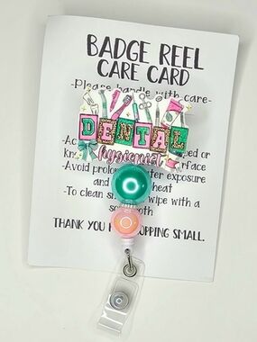 Hand Crafted Dental Hygienist Badge Reel - Pink, Green, White